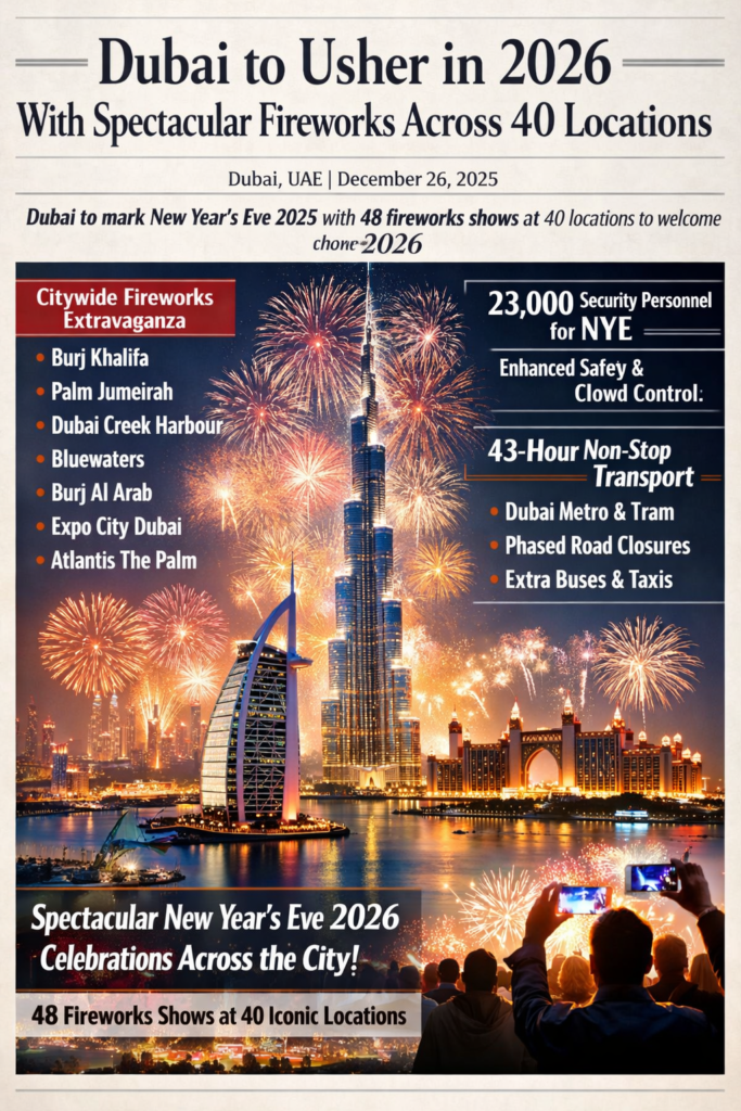 Dubai New Year’s Eve 2026 fireworks light up the skyline with 48 shows across 40 locations